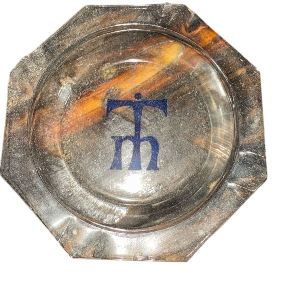 Vintage Octagonal Glass Ashtray with Unique Blue Monogram